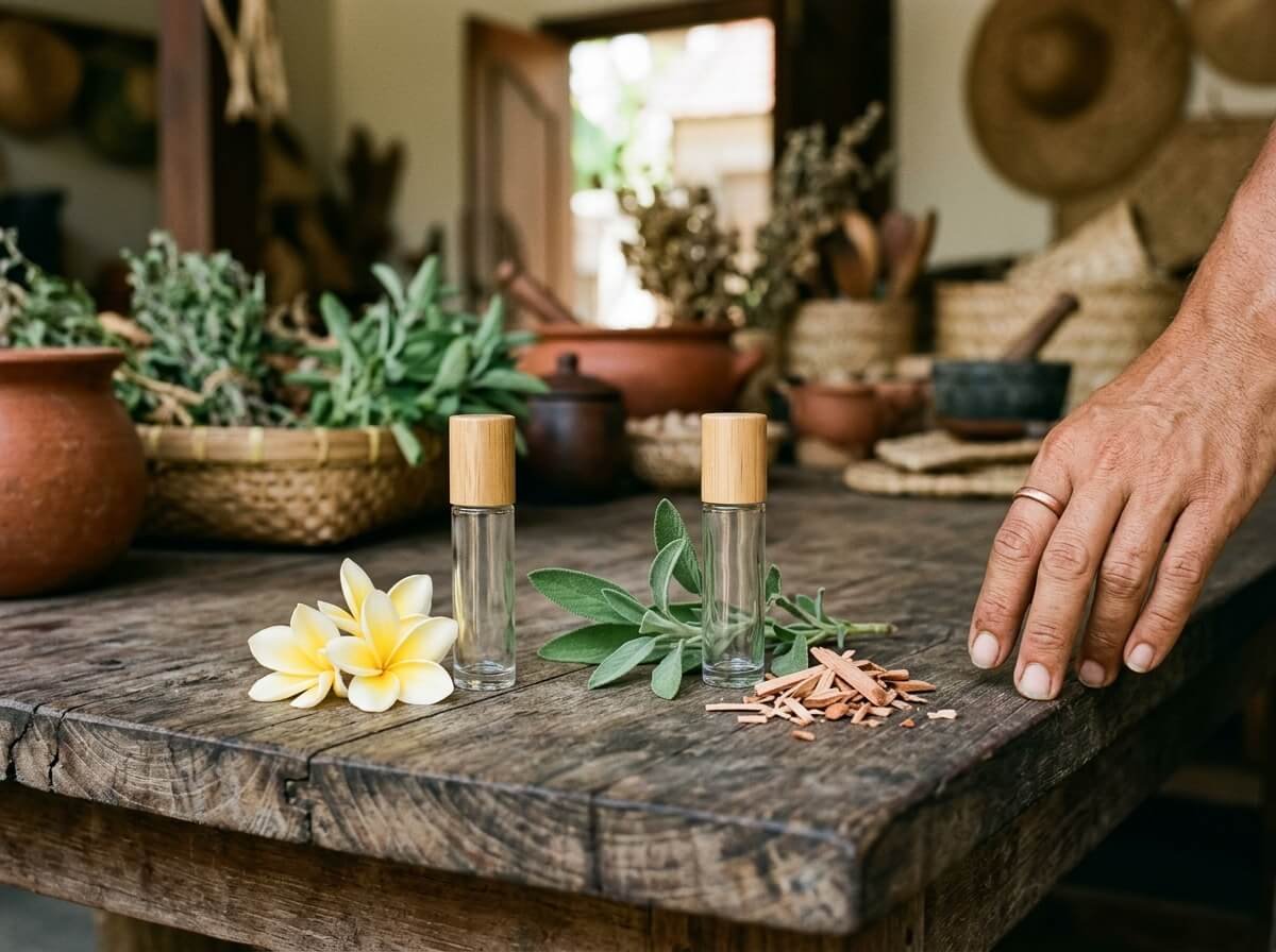 Two botanical probiotic roll-on deodorants crafted in Bali, one floral and one woody