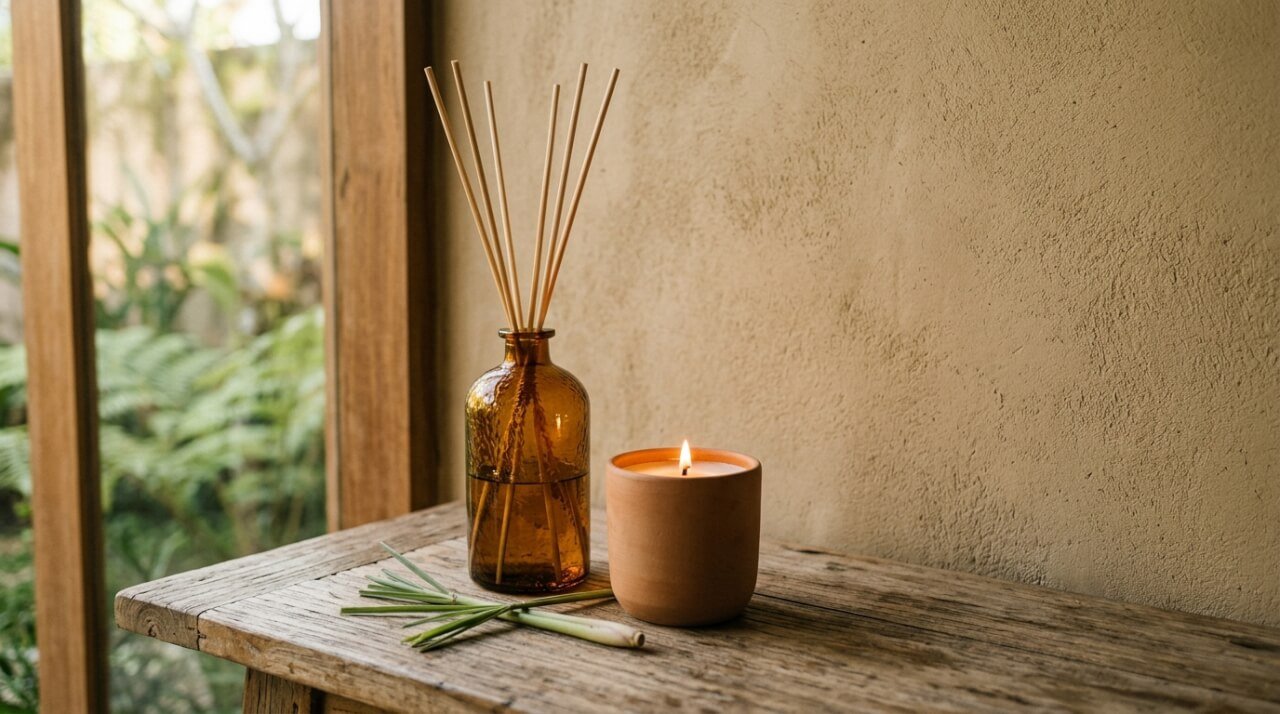 Reed diffuser vs candle side by side on a teak table in warm Balinese light