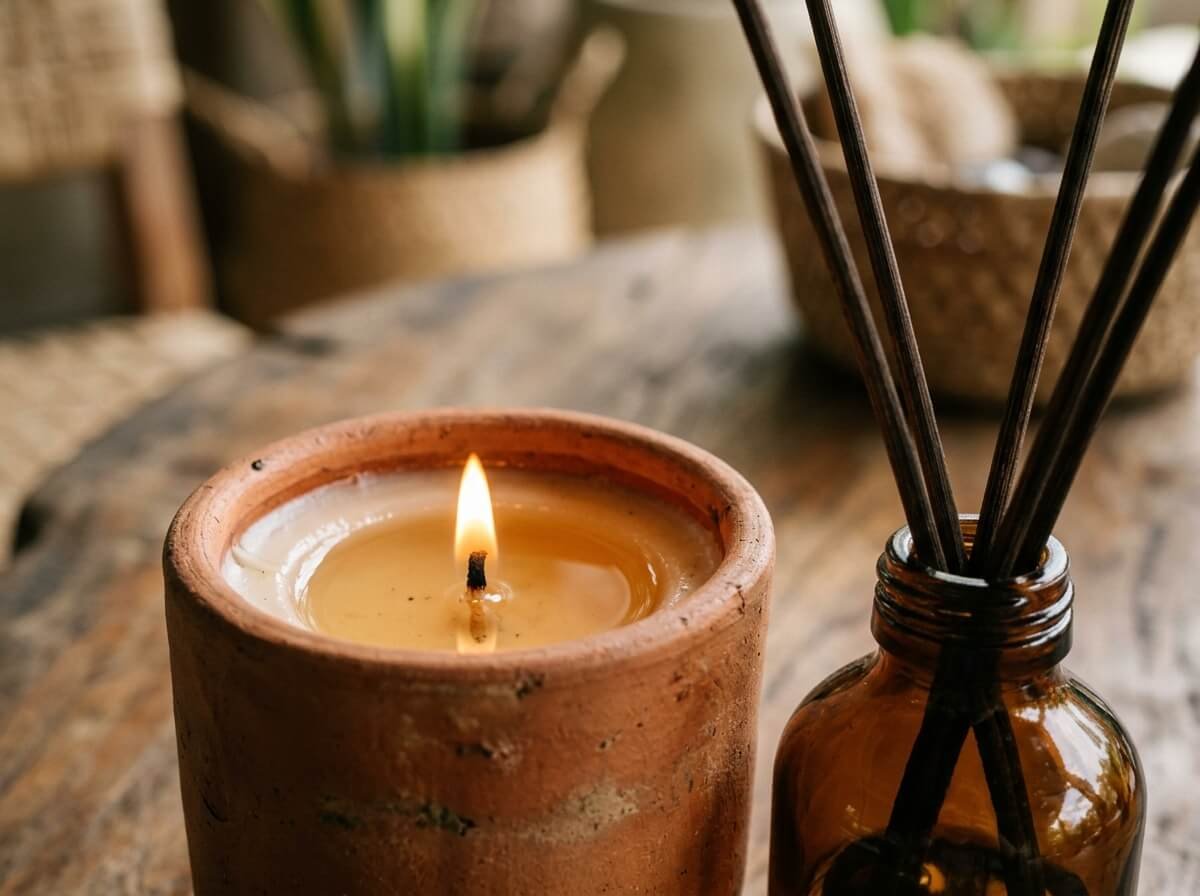 Close view of a candle melt pool beside rattan reeds wicking scented oil