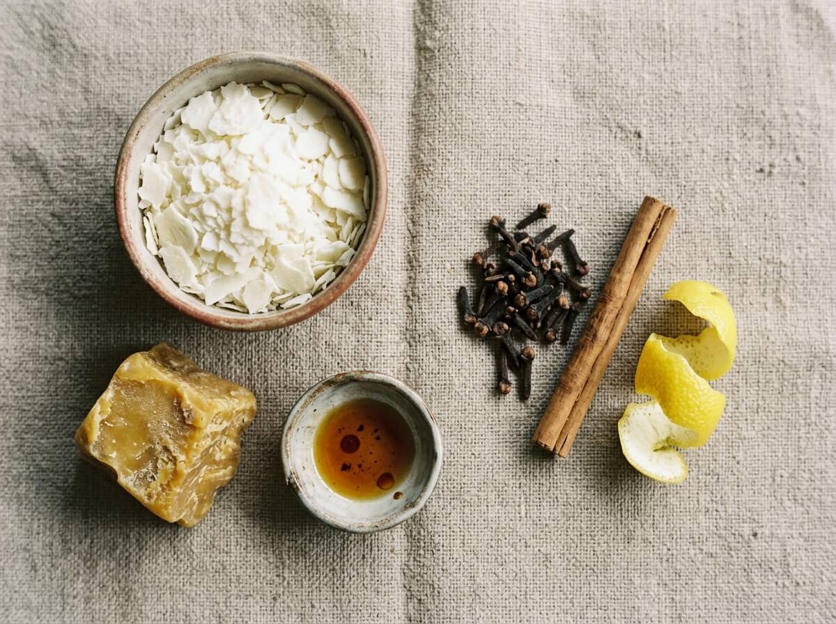 Natural candle ingredients: soy wax flakes, beeswax, clove, cinnamon, and lemon peel on linen