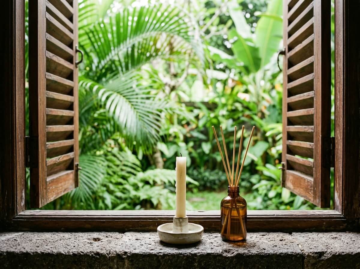 An open window beside a candle and reed diffuser, showing ventilation for cleaner indoor air