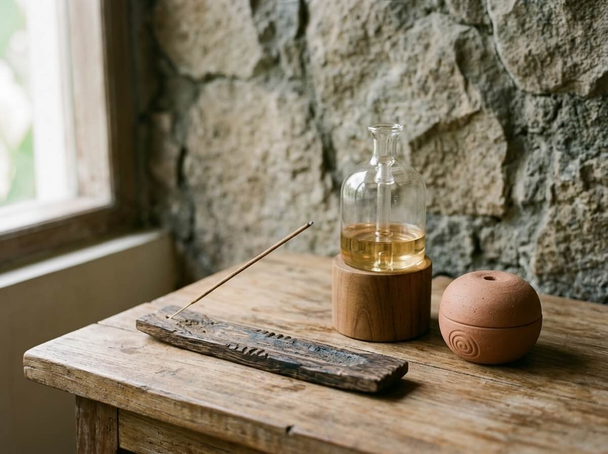 Incense in a reclaimed wood holder beside a nebulizing diffuser and a ceramic passive diffuser