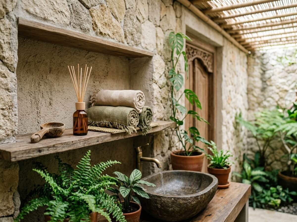 Reed diffuser in a stone and bamboo bathroom, a good match for small enclosed spaces