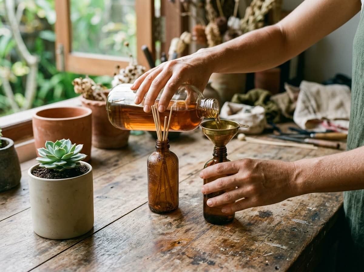 Refilling a reed diffuser bottle by hand while an old candle vessel is reused as a planter