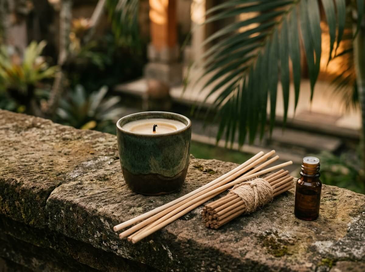 Candle, rattan reeds, incense sticks, and essential oil gathered on a stone ledge