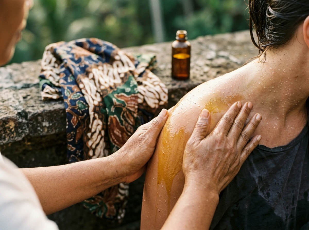 Applying warm oil to damp skin after bathing, a Balinese post-bath ritual