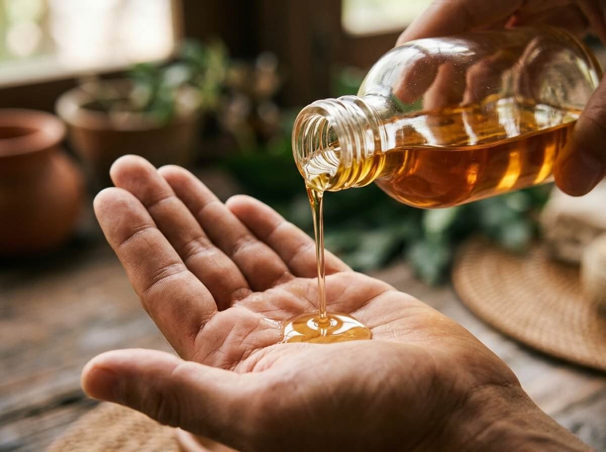 argan oil poured into the hand, one botanical oil doing several jobs by nature