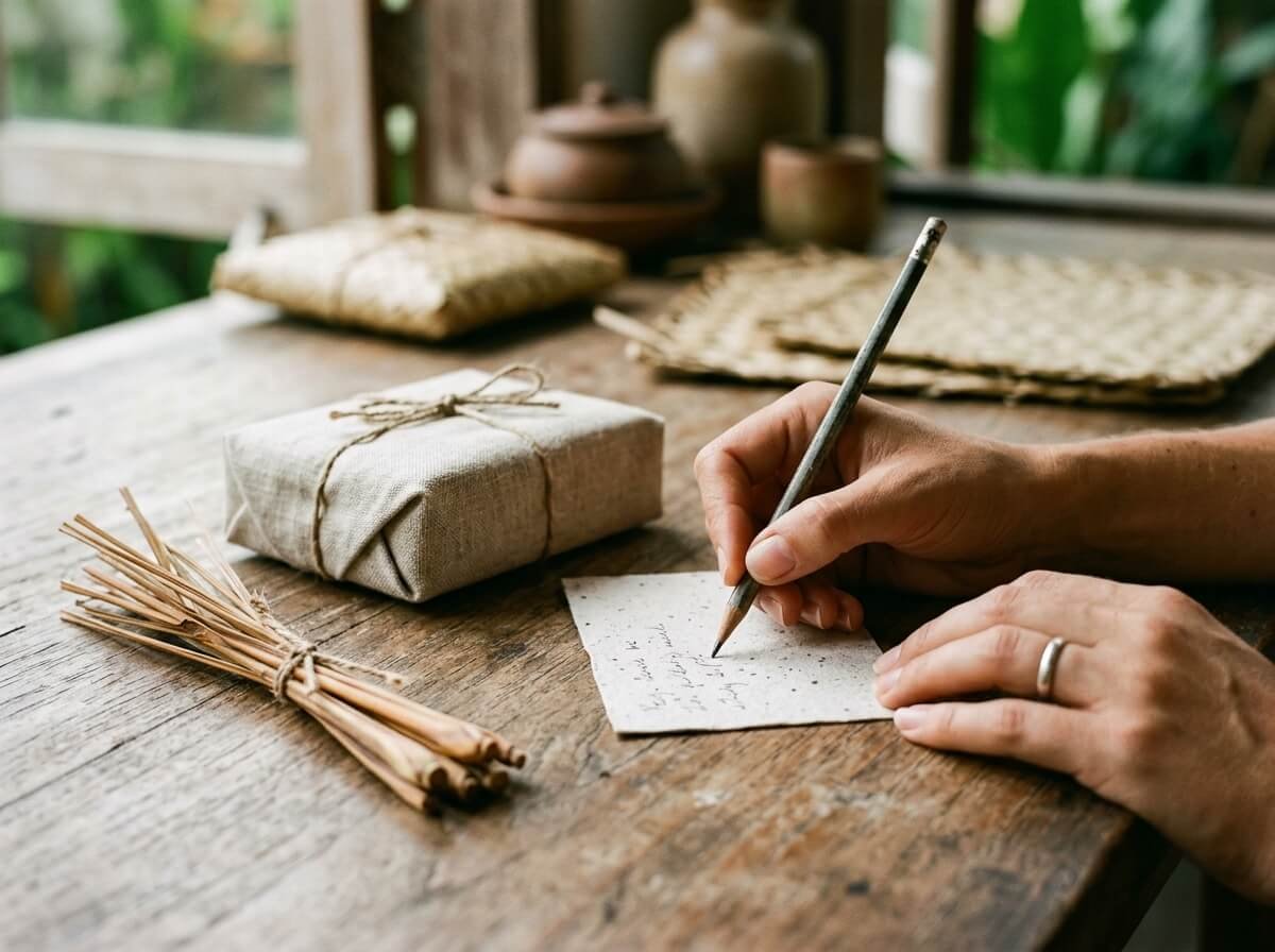 Writing a handwritten note for a linen-wrapped self-care gift