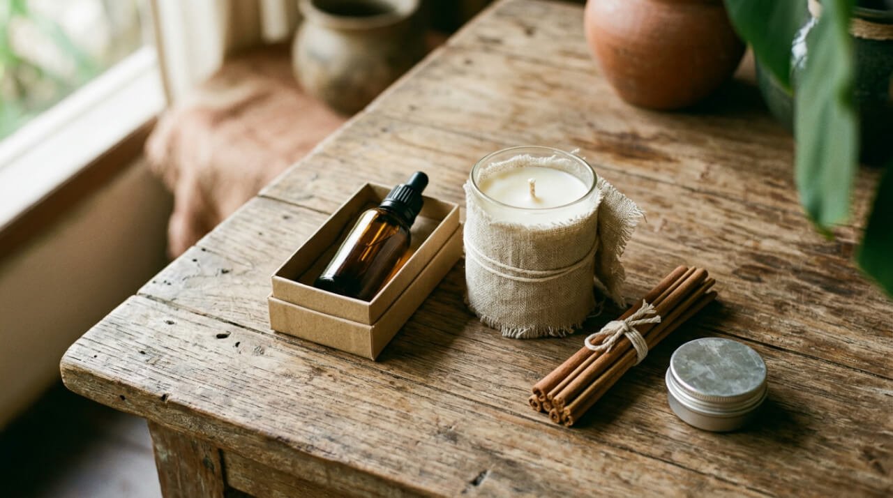 Sustainable gift guide flat lay of handmade self-care gifts wrapped in linen on a teak table