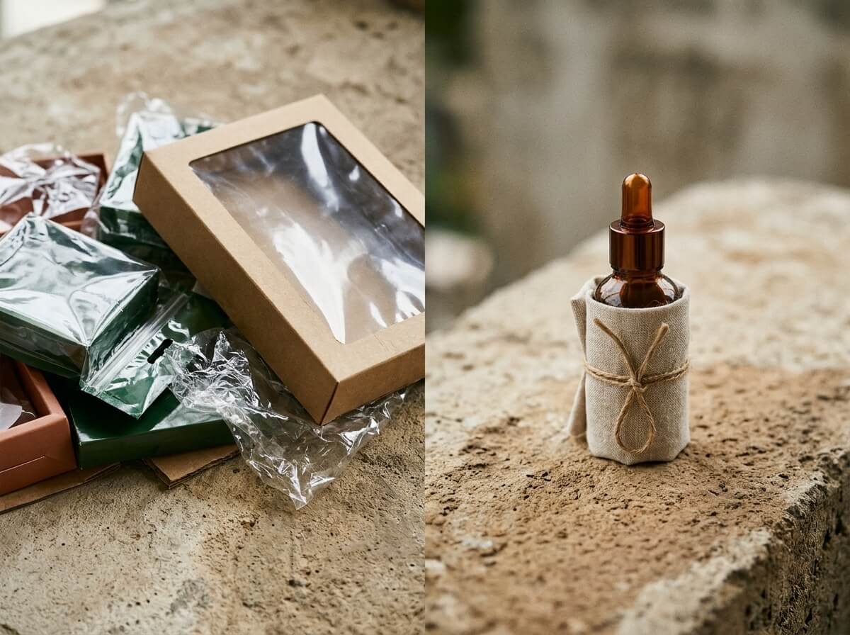 Excess plastic gift packaging beside a simple glass bottle wrapped in linen