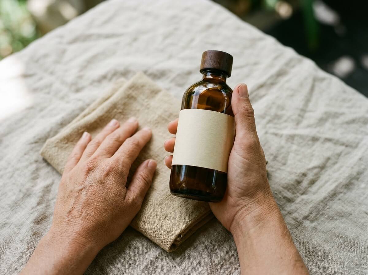 Hands holding an amber glass bottle beside reusable cloth gift wrap