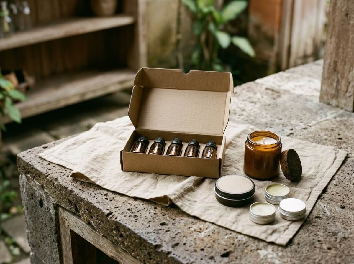 Sustainable gift guide picks: essential oil set, candle, balm, and lip balms on stone
