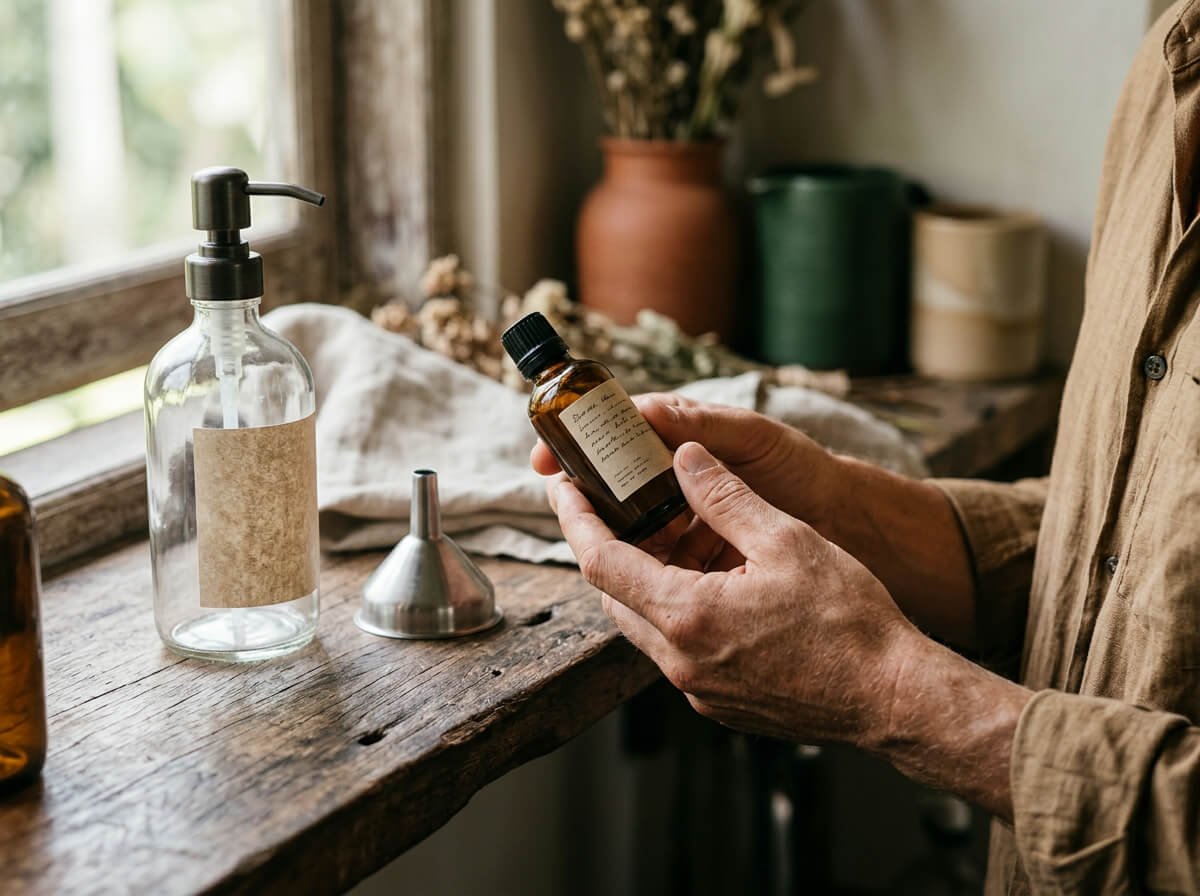 Reading an ingredient list on a refillable glass bottle before choosing a gift