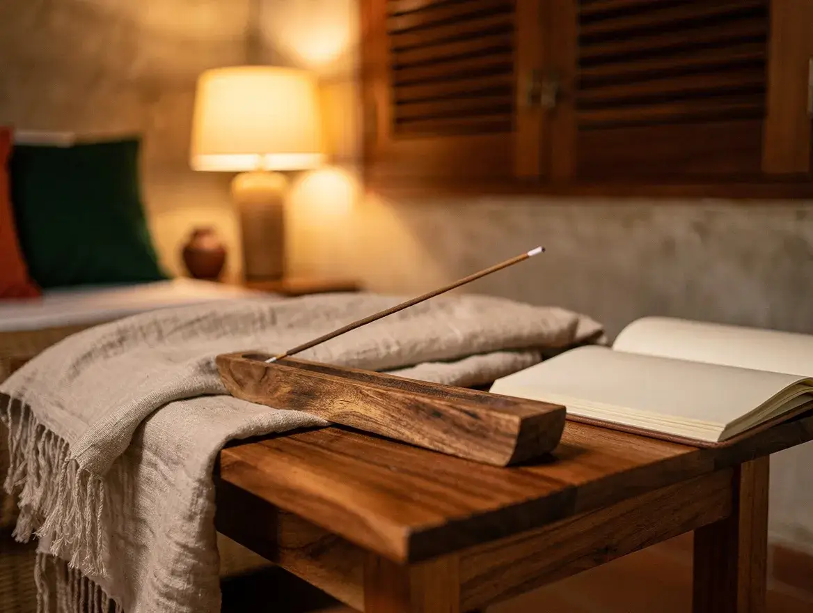 Incense in a reclaimed wood holder as part of a quiet evening ritual at home
