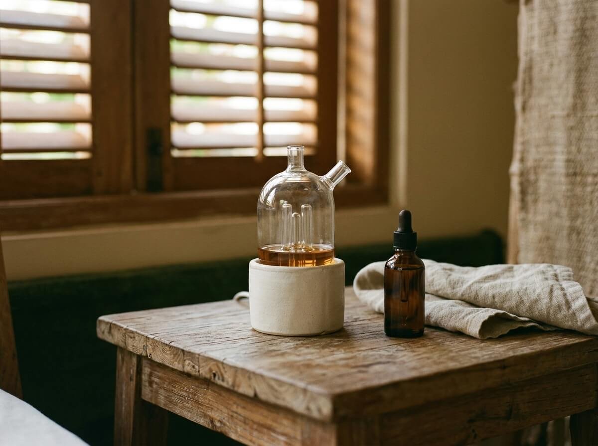 Ceramic nebulizing diffuser and essential oil bottle on a wooden bedside table