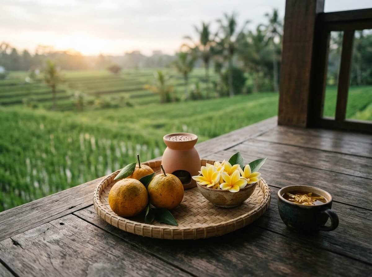 A morning brightness ritual with oranges, a diffuser, and tea in a Balinese pavilion