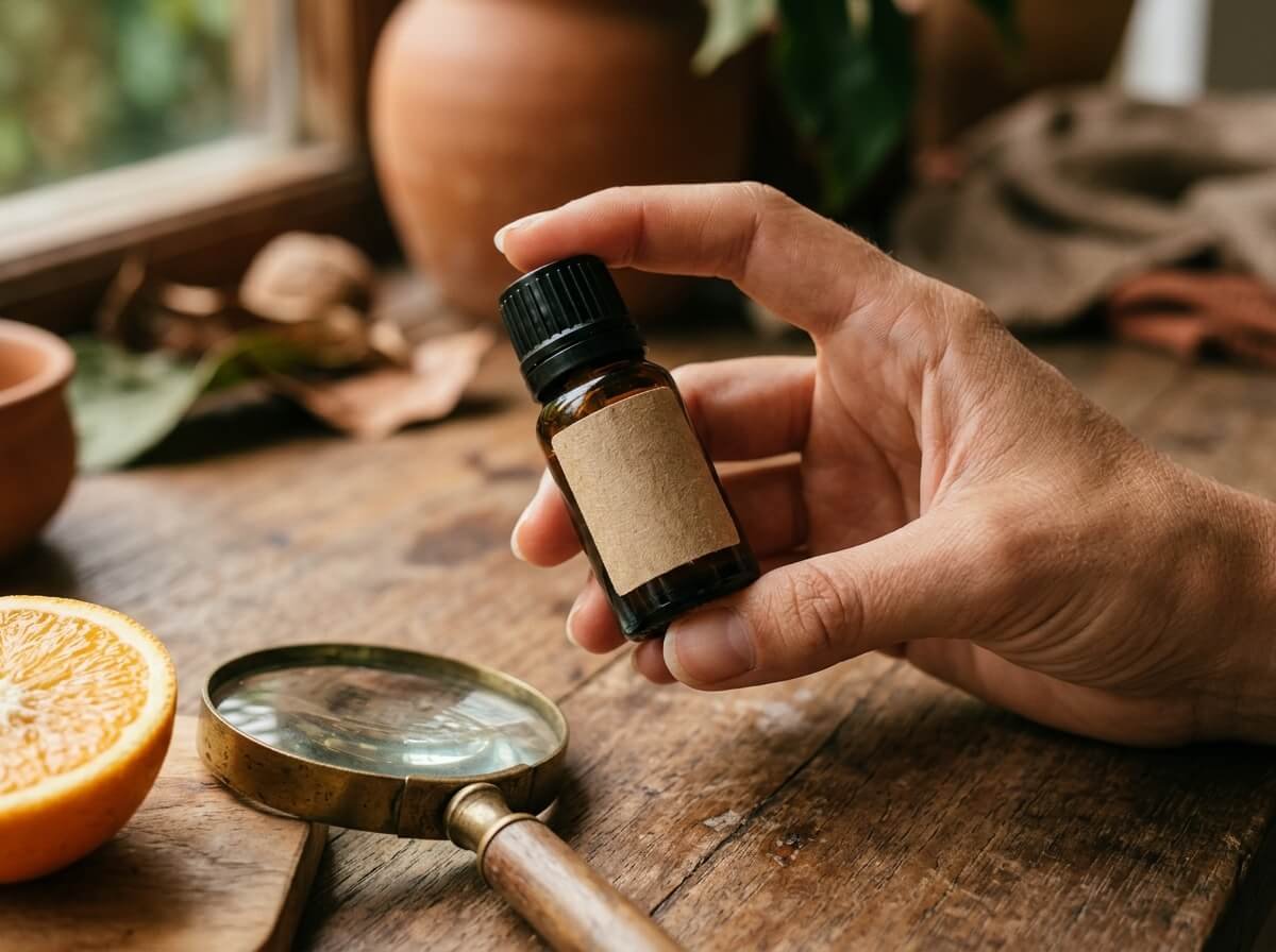 Checking the label of an essential oil bottle for the botanical name and extraction method