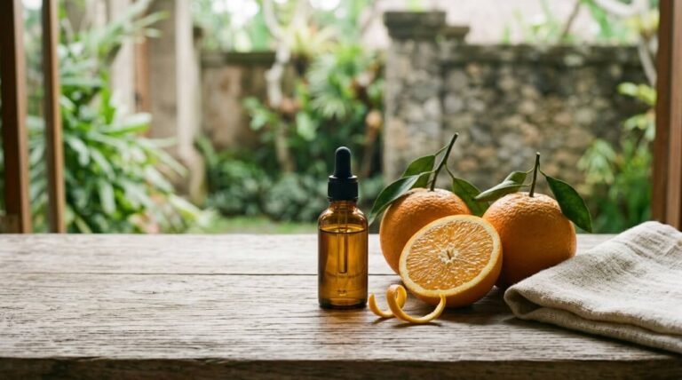 Sweet orange essential oil benefits: amber dropper bottle beside fresh oranges and peel
