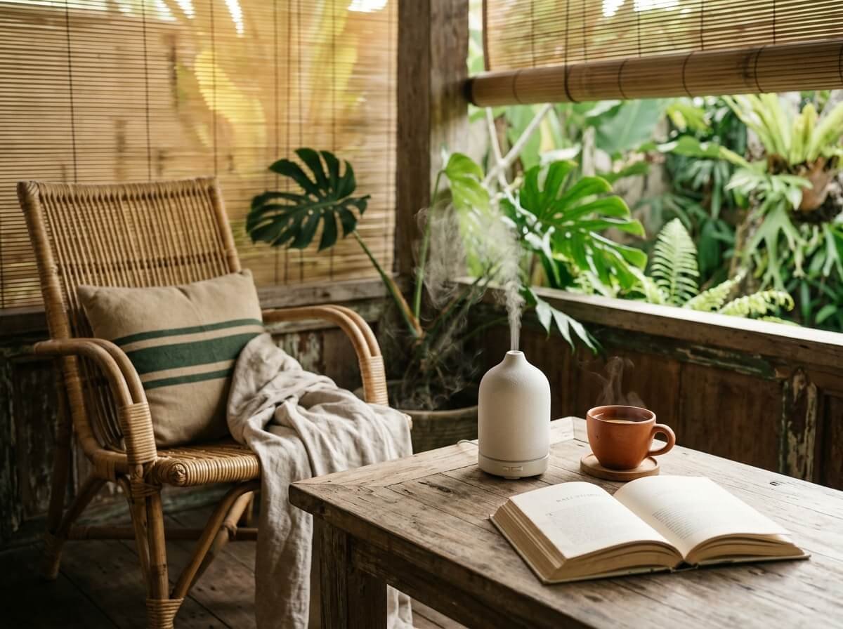 A small diffuser on a teak table in a calm reading corner, a simple way to enjoy sweet orange essential oil