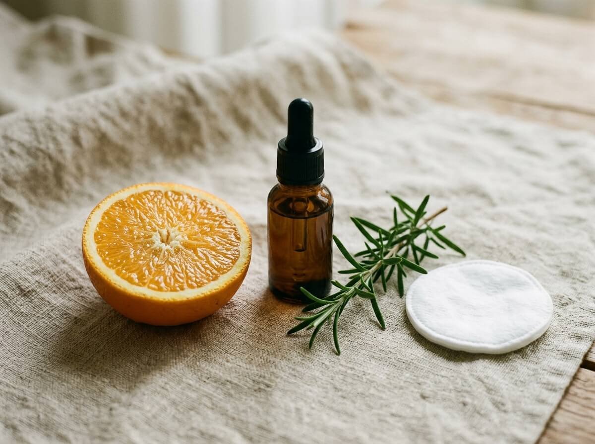 Halved sweet orange, oil bottle, and rosemary sprig on linen for the sweet orange FAQ