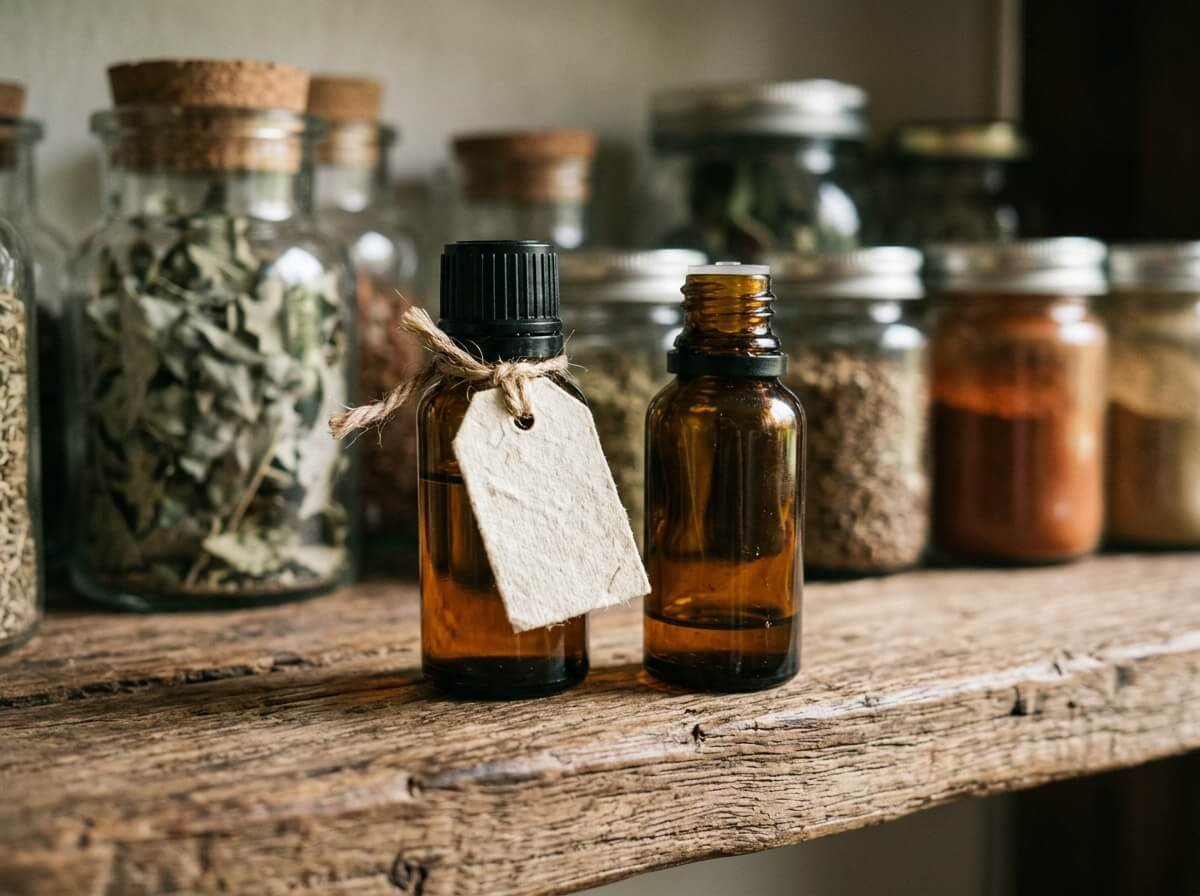 Amber essential oil bottles stored in a cool, shaded pantry to slow oxidation
