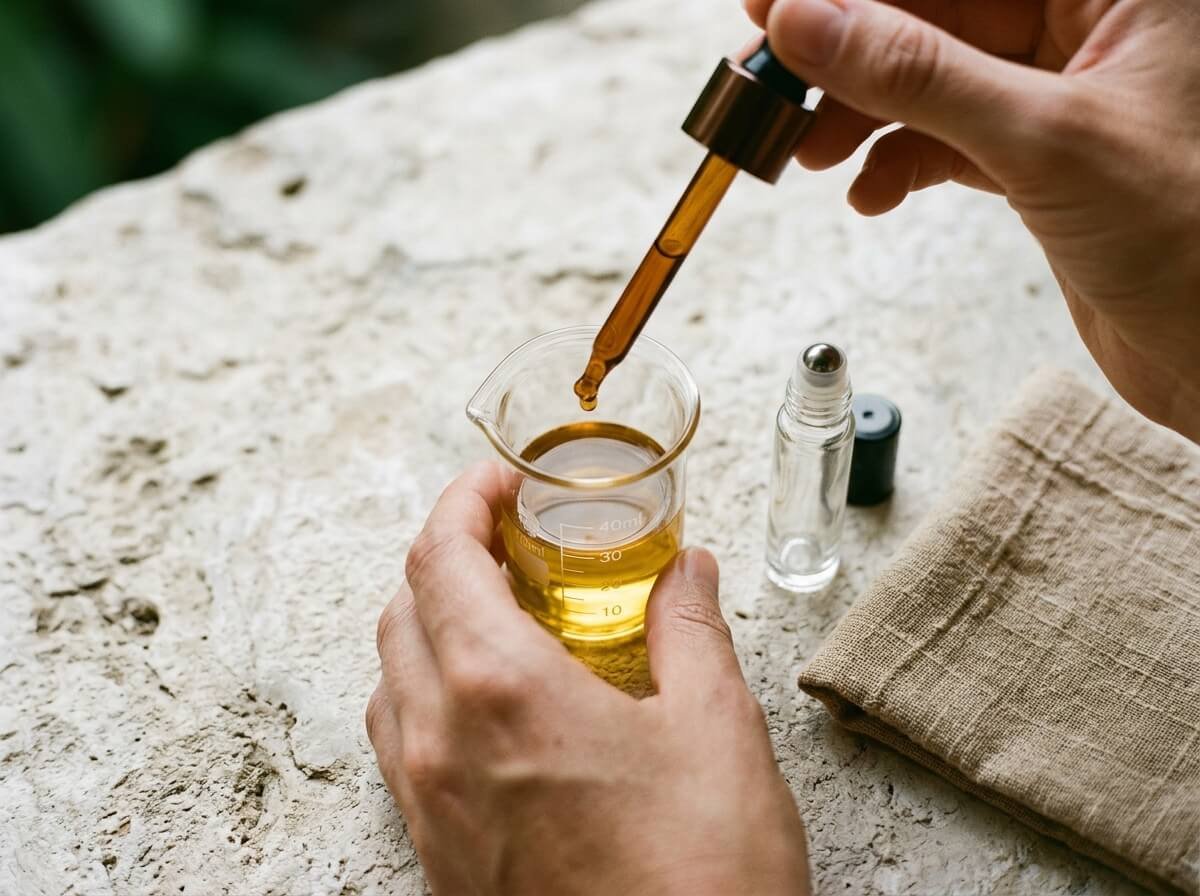 Diluting sweet orange essential oil drop by drop into coconut carrier oil