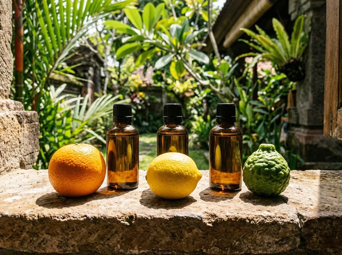 Sweet orange, lemon, and bergamot fruits beside three oil bottles on a sunny windowsill