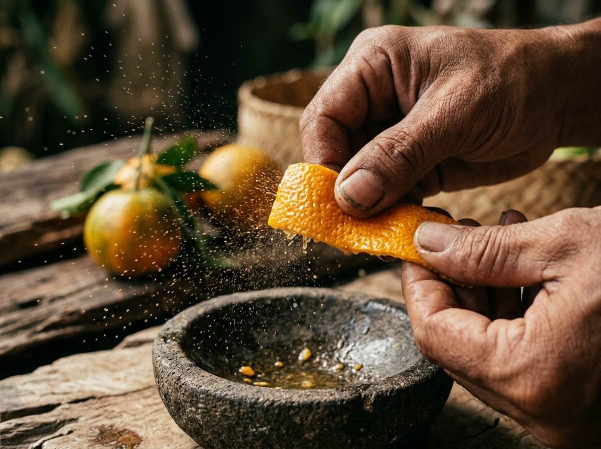 Sweet orange essential oil benefits start in the peel: fresh orange rind pressed by hand to release its oil