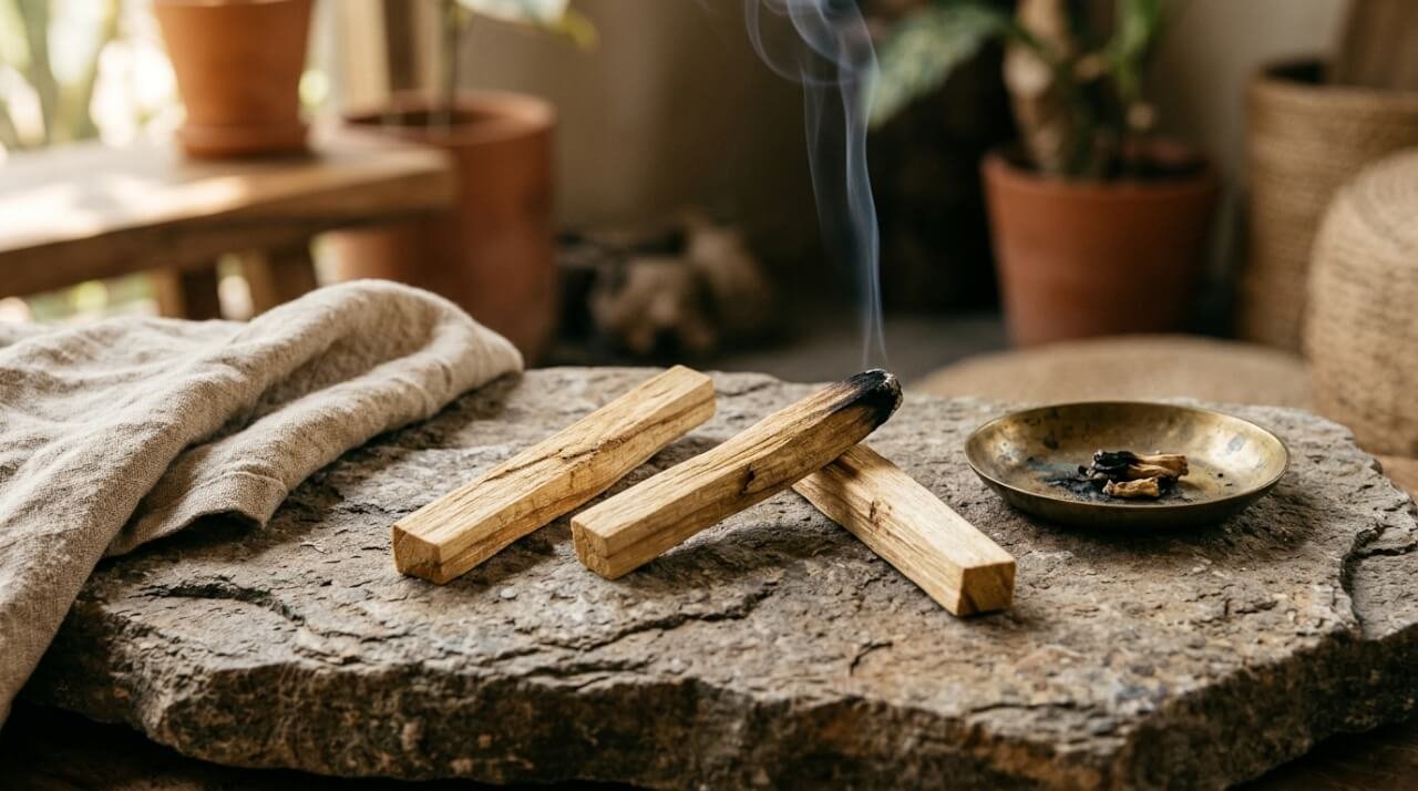 Palo santo sticks on a stone slab with a thin line of smoke