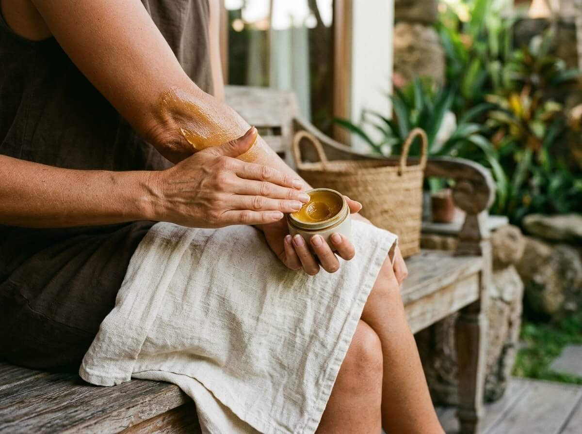 Hand smoothing a beeswax body balm onto a dry elbow after a warm bath