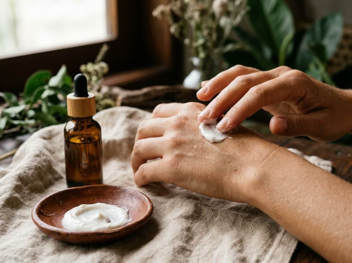 Fingertips warming a rich face cream with a drop of facial oil for winter