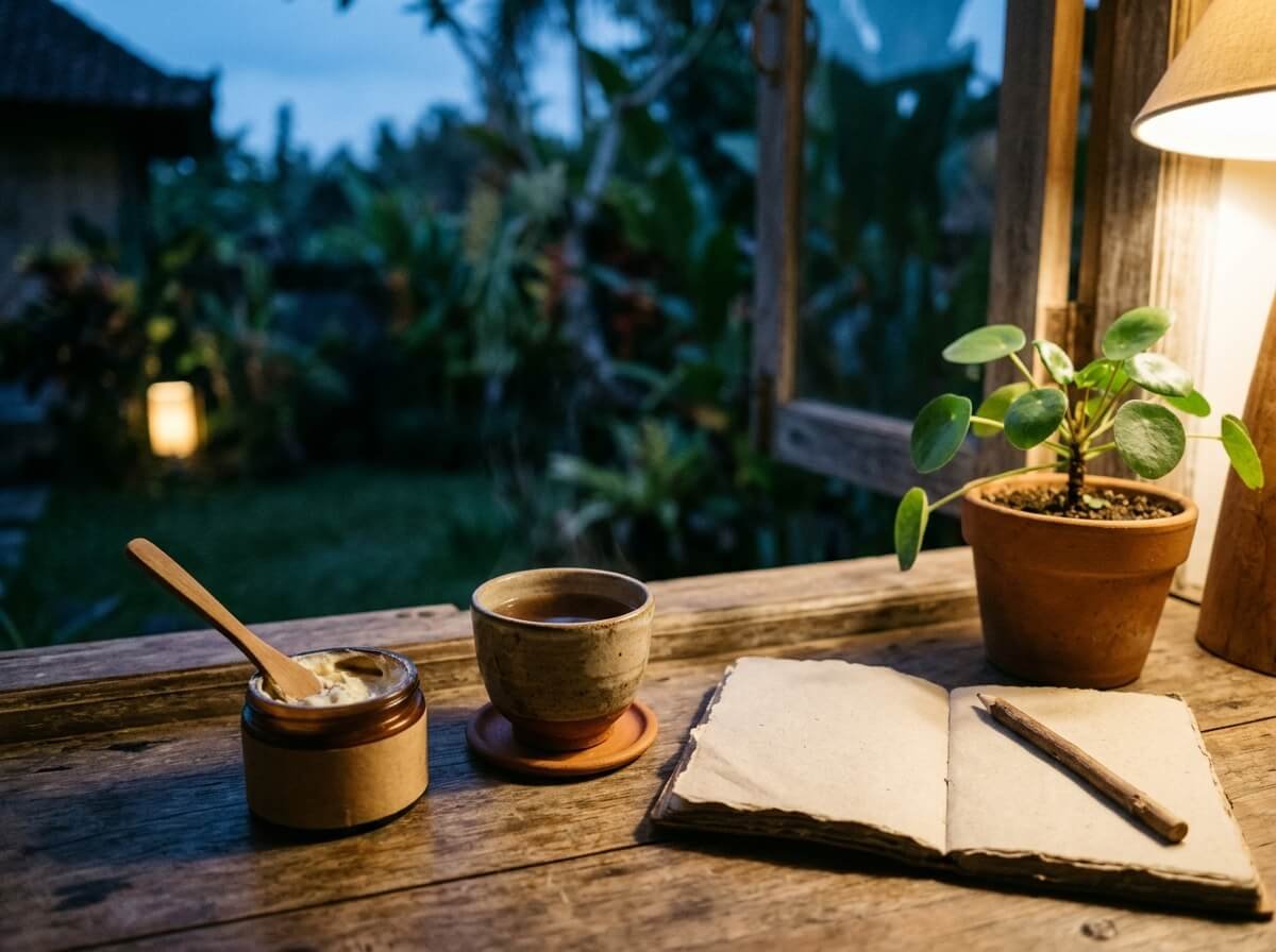 Evening windowsill with an open jar of body butter, warm tea, and a blank notebook