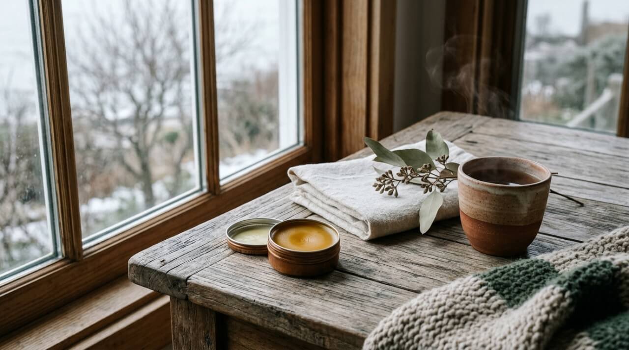 Winter skincare ritual still life with an open tin of body balm, linen towel, and ginger tea on a teak table