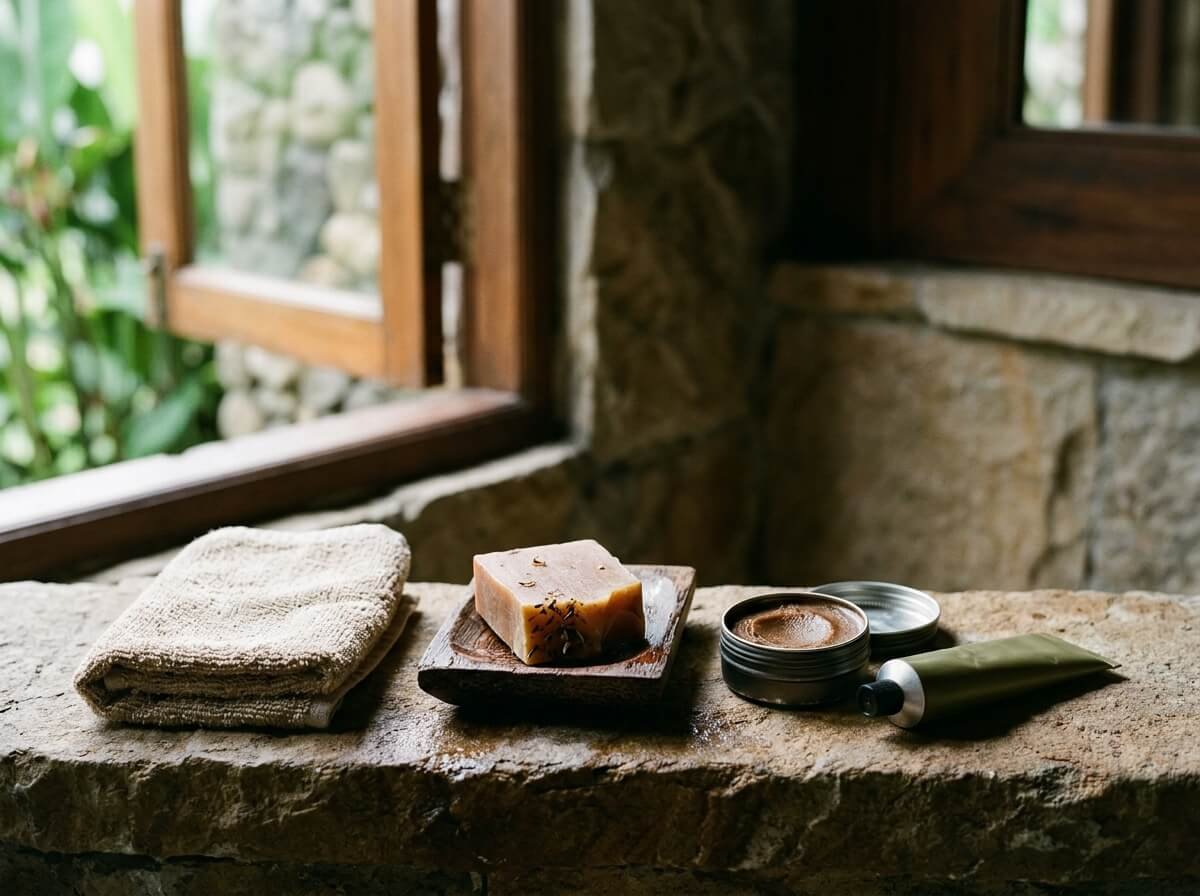 Lip balm, hand cream, and handmade soap on a stone bathroom ledge for winter care