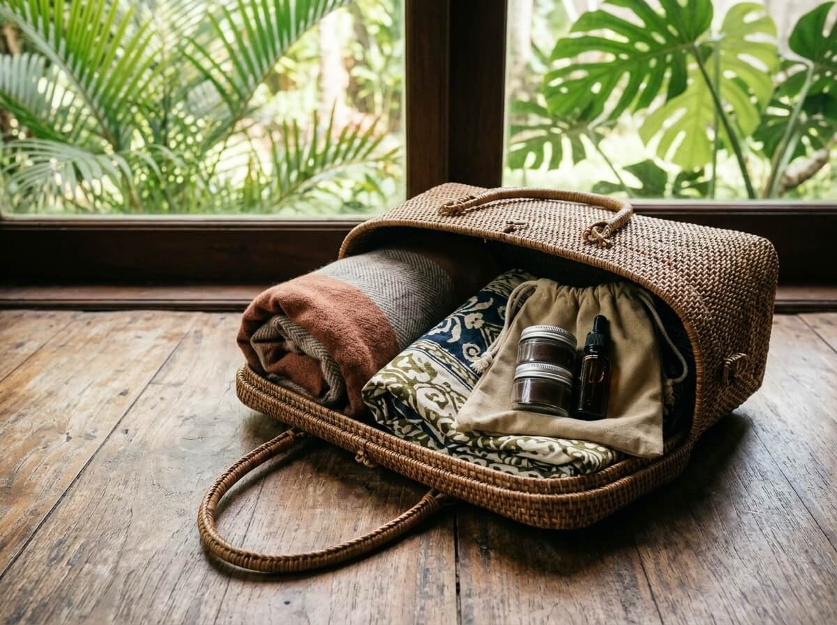 Travel bag packed with a wool scarf, a cotton sarong, and small jars of balm and oil for moving between climates