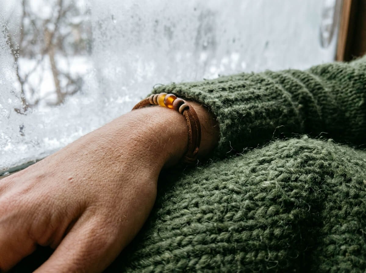 Dry forearm skin against a wool sleeve beside a frosted window in winter