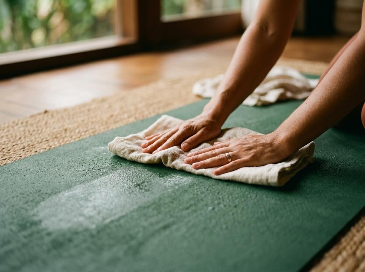 wiping down a yoga mat after practice with a cloth