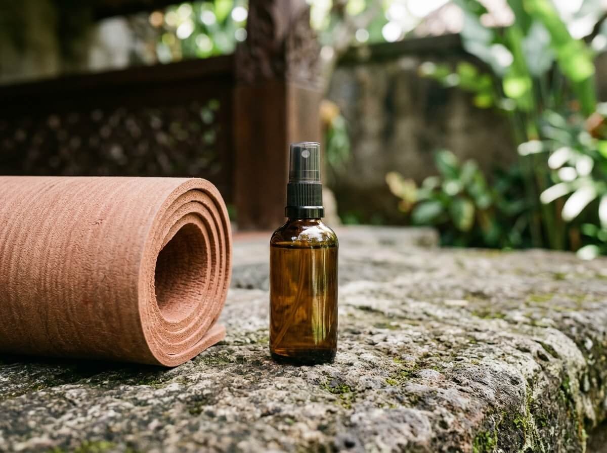 essential oil spray bottle beside a folded yoga mat