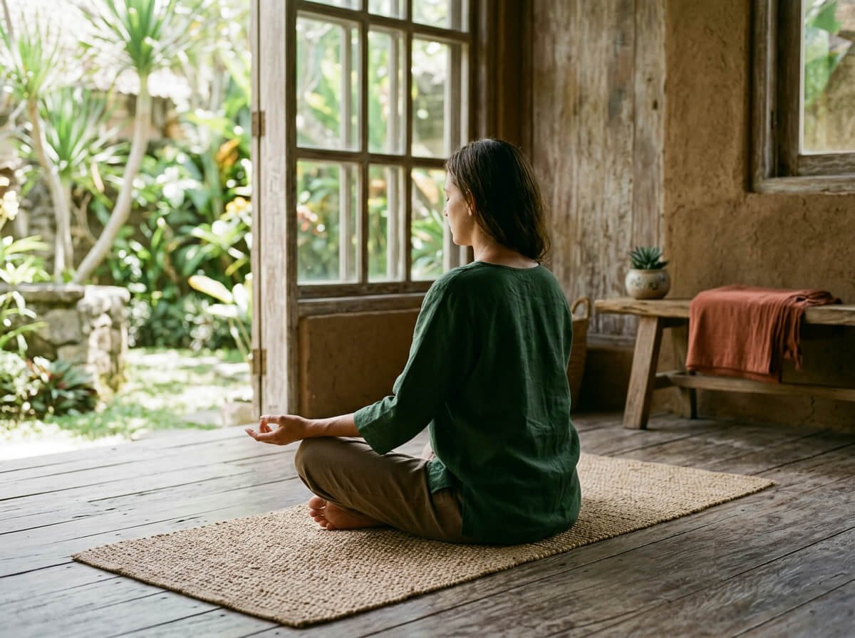 pausing calmly on a clean yoga mat during practice