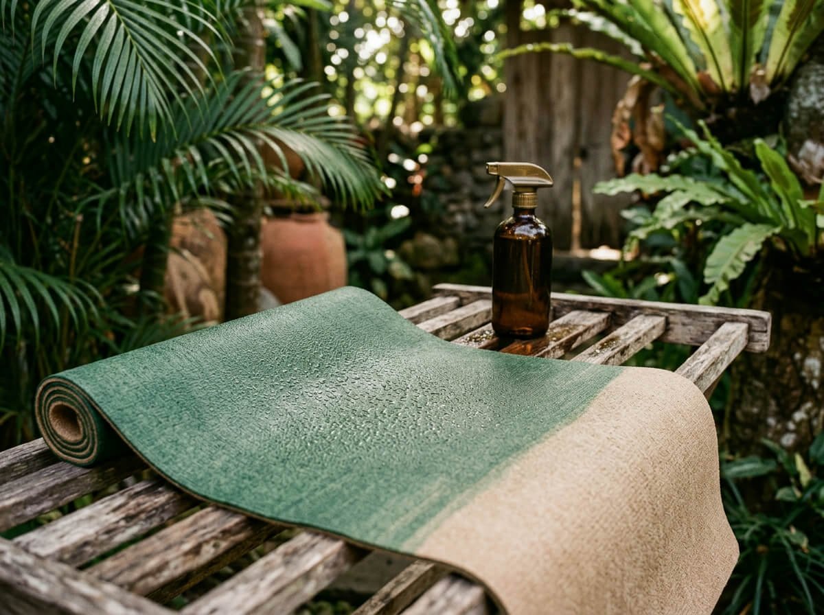 deep cleaning a yoga mat outdoors on a drying rack