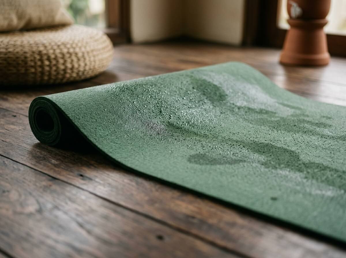 sweat and oils building up on a yoga mat surface after practice